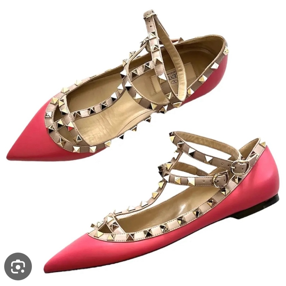 Valentino T-Strap Rockstud Ballet Flats in Deep Fuchsia / Pink Leather